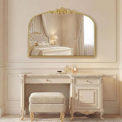 Gold Vintage Mirror 32x24 Inch, Laurel Leaf Ornate Beaded Frame Decorative Vanity Mirror, Antique Style Horizontal Bathroom Mirror for Living Room, Entryway，Dresser, Mantle