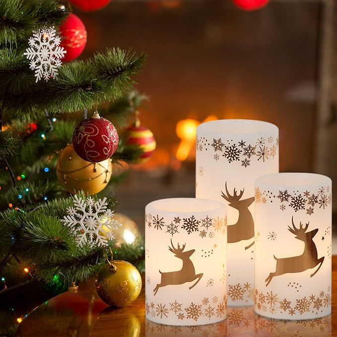 Gold Deer Flameless Flickering Candles Battery Operated with 6H Timer, 3 Pack Real Wax Warm Light LED Pillar Candles Dinner Tabletop Holiday Centerpiece Decor 3" x 6"