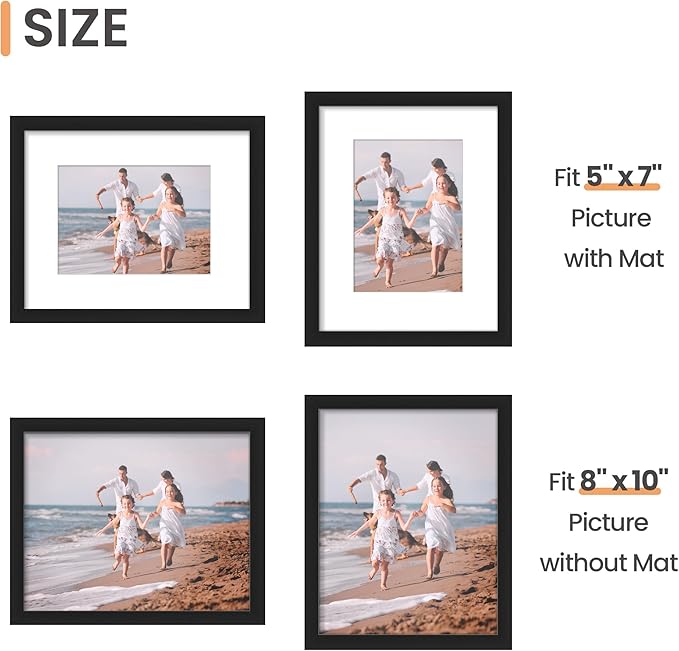 upsimples 8x10 Picture Frame Set of 3, Made of High Definition Glass for 5x7 with Mat or 8x10 Without Mat, Wall Mounting Photo Frames, Black