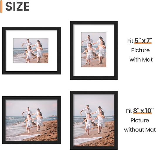 upsimples 8x10 Picture Frame Set of 3, Made of High Definition Glass for 5x7 with Mat or 8x10 Without Mat, Wall Mounting Photo Frames, Black