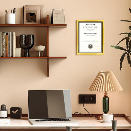 8.5x11 Picture Frame Set of 6, Certificate Document Frame, Diploma Frame, Display Pictures 6x8 with Mat or 8.5x11 Without Mat, Gold