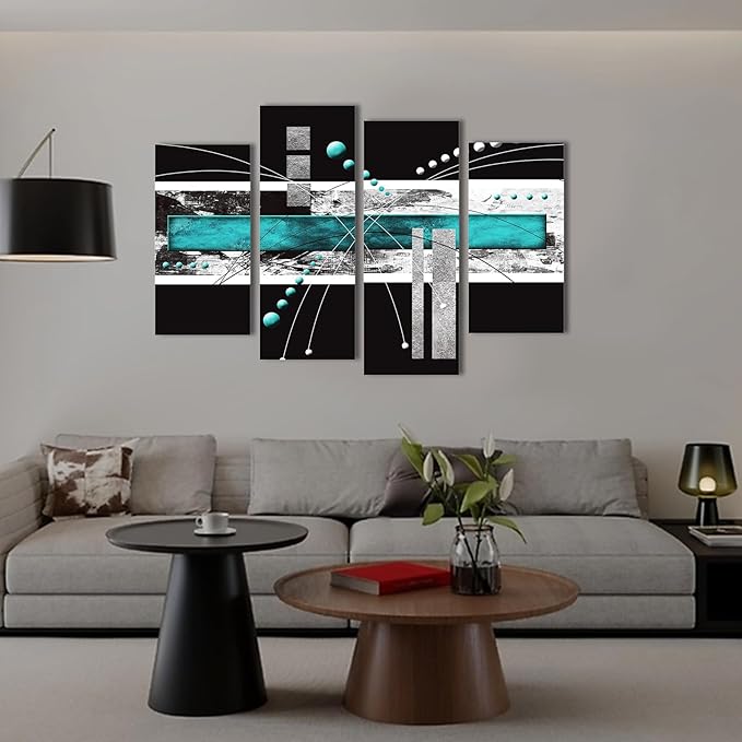 YPY Large Black Teal Canvas Wall Art - 4 Pieces Modern Abstract Picture Set for Home Decoration - Contemporary Painting Artwork for Living Room Bedroom 64x42
