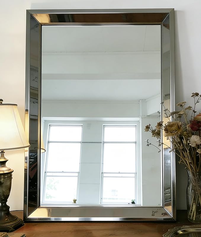 Chende 33"x49" Angled Retangular Decorative Wall Mirror with 2" Stainless Steel Frame, Modern Large Elegant Mirror for Living Room, Dining Room, Entrance, Bedroom Decor, Unique