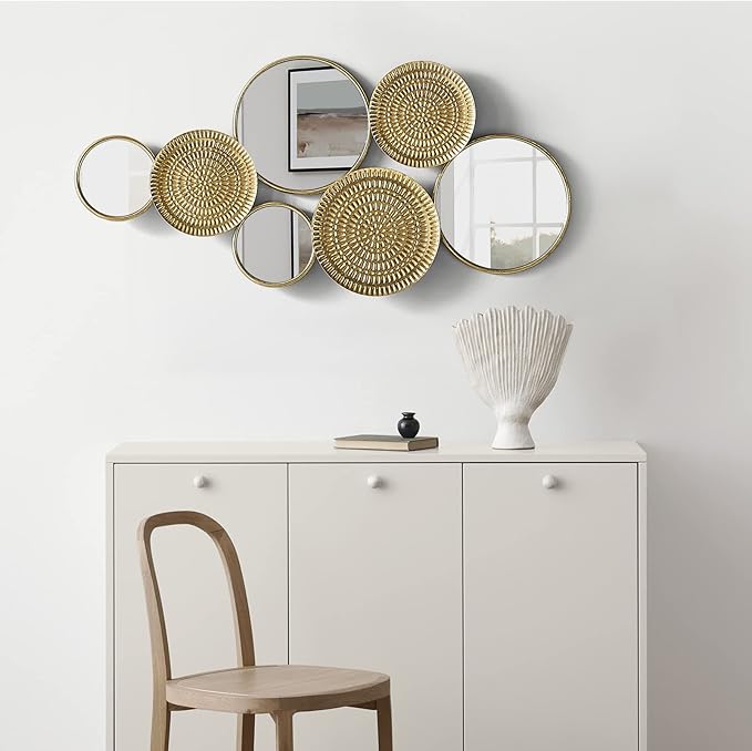 Oakrain Home Decor Metal Wall Decor with Multi Circle Plates Mirror, Large Modern Wall Art Sculpture Decor for Living Room, Office, Bedroom, 43.3 X 1.9 X 20.9 Inches, Gold