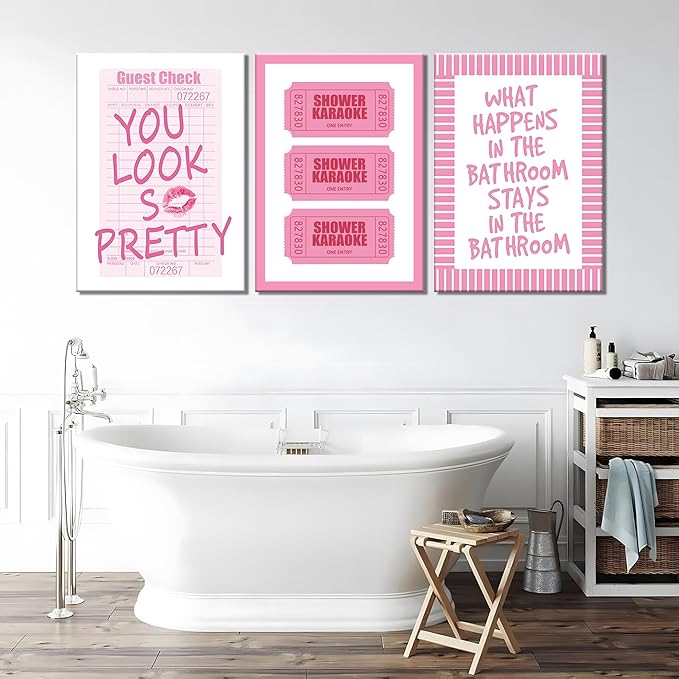 JBZDD 3Pcs Framed Preppy Pink Bathroom Wall Art Set, Funny Guest Check & Shower Karaoke Stamp Canvas Posters, Trendy Indie Pop Room Decor for Women Powder Room Restroom 12x16in