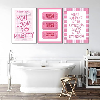 JBZDD 3Pcs Framed Preppy Pink Bathroom Wall Art Set, Funny Guest Check & Shower Karaoke Stamp Canvas Posters, Trendy Indie Pop Room Decor for Women Powder Room Restroom 12x16in
