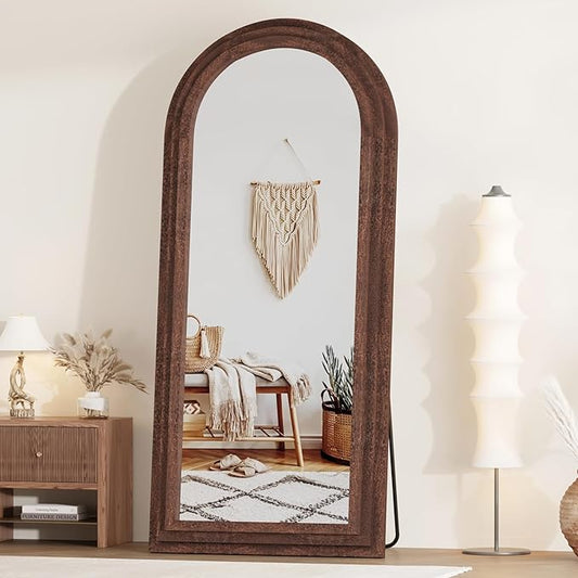 ZHUNFA External Three-Layer Arched Full Length Mirror with Solid Wood Frame,65x22 Modern Farmhouse Decor Standing Mirror Full Length,Wall Mounted,Leaning,Standing for Bedroom,Living Room,Brown.