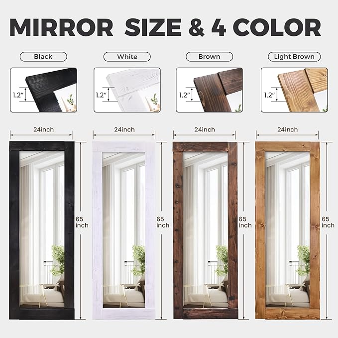 Full Length Mirror 65"x24" – Solid Wood Frame, HD Tempered Glass, Wall Mounted & Leaning, Rustic Modern Decor for Bedroom, Living Room, Entryway, White