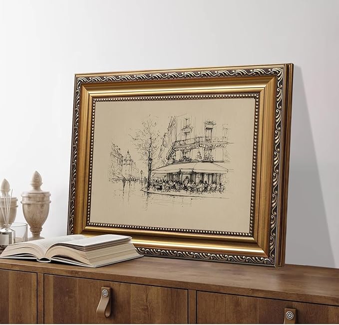 WZGZXU Vintage Gold Framed Wall Art Autumn Paris Cafe Wall Decor French Bistro Canvas Art Paintings Street Sketch Picture Antique Drawing Artwork For Dining Room Kitchen 12x16in