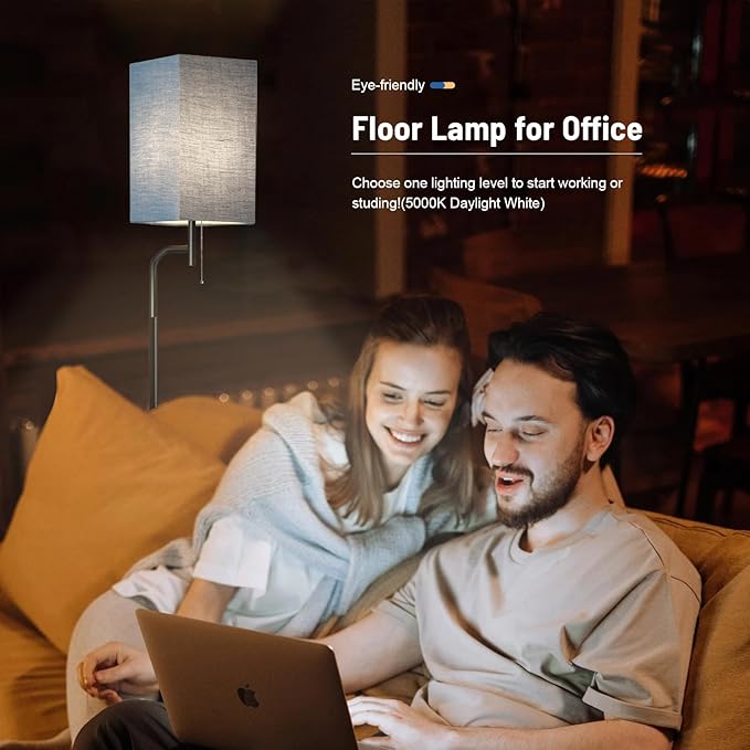 Modern Floor Lamp with 3 Color Temperatures, Square Linen Shade & Solid Iron Flat Base for Stability - Perfect for Compact Spaces Under Sofas or Behind Sectionals, Living Room, Bedroom, Office, Blue