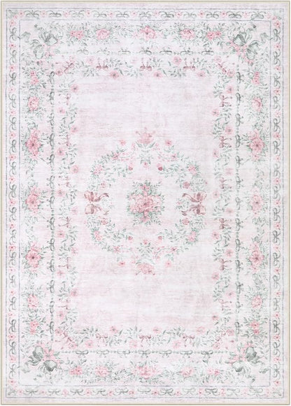 Wonnitar Floral Bow Rug for Girls Bedroom, Pink Area Rug 6x9 for Room Decor, Washable Ultra-Thin Non Slip Soft Boho Aesthetic Carpet for Baby Nursery Kids Room Living Room, Light Pink