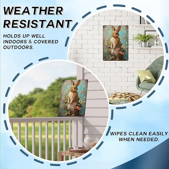 Vintage Easter Decor Farmhouse Rabbit Metal Sign Floral Design Rustic Wall Art For Home Kitchen Cafe Country Style Aluminum Plaque 12x16Inch