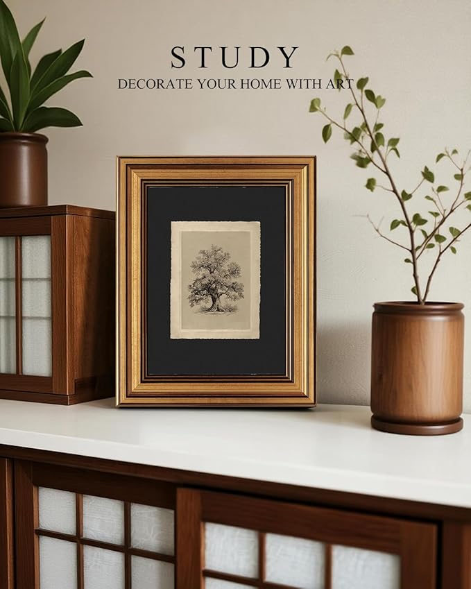 VIYYIEA Vintage Gold Framed Wall Art, Botanical Sketch Rustic Farmhouse Decor, Aesthetic Classical Oak Tree Illustration Pictures for Living Room Bathroom Gallery, 8x10inch