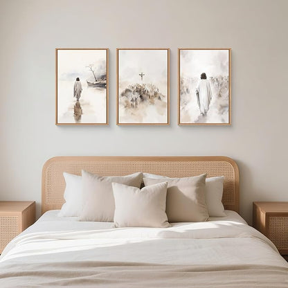 Jesus Christ Easter Framed Canvas Wall Art Set,Religious Christian Bible Verses Crucified Resurrection Wall Decor,Netural Beige Watercolor Artwork for Living Room,Church,Prayer Room - 24"x36"x3