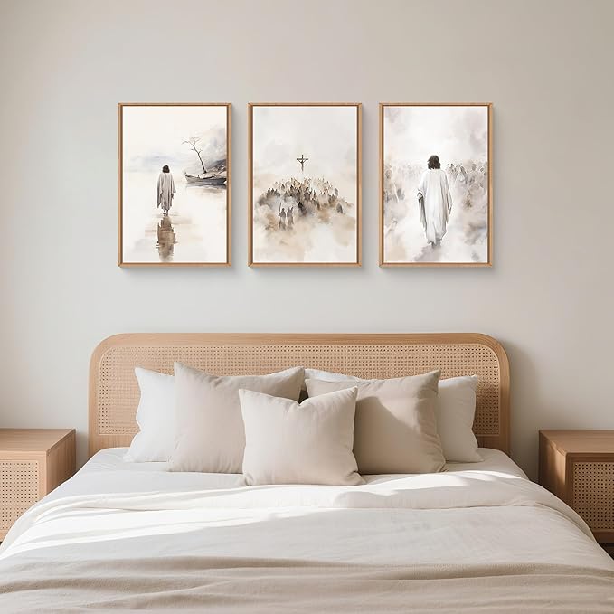 Jesus Christ Easter Framed Canvas Wall Art Set,Religious Christian Bible Verses Crucified Resurrection Wall Decor,Netural Beige Watercolor Artwork for Living Room,Church,Prayer Room -16"x24"x3