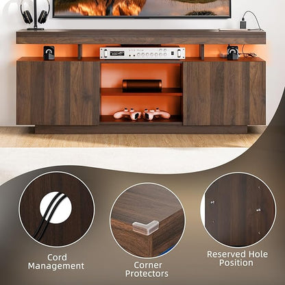 HOMMPA Modern LED TV Stand for 65/60/55 inch TV with Power Outlets, Gaming Console Storage Entertainment Center with LED Lights Game Cabinet for Living Room Walnut