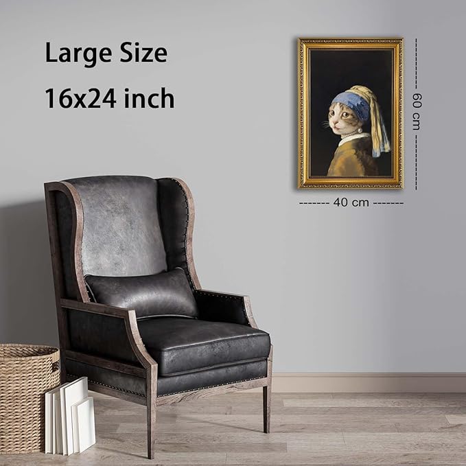 YD&YZY Gold Framed Funny Cat Wall Art Canvas Girl with a Pearl Earring Cat Wall Decor Unique Cute Animal Painting Picture Print Artwork for Bedroom Living Room Bathroom 16x24 inch Framed