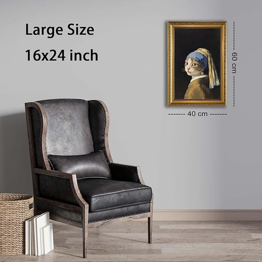 YD&YZY Gold Framed Funny Cat Wall Art Canvas Girl with a Pearl Earring Cat Wall Decor Unique Cute Animal Painting Picture Print Artwork for Bedroom Living Room Bathroom 16x24 inch Framed