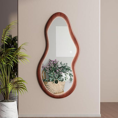 48"x 24" LED Wood Full Length Mirror with Lights Irregular Wavy Full Body Mirror Shatter-Proof Hanging/Leaning Wall Mounted Walnut Wooden Framed for Dressing Bedroom Living Room