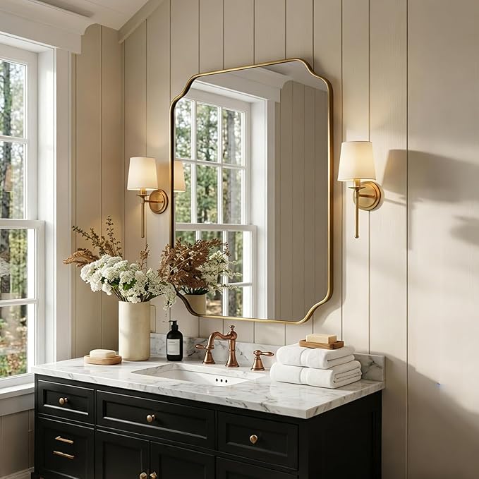 Gold Wall Mirror 36"x24", Scalloped Edge Vanity Mirror - Hangs Vertically/Horizontally Decorative Bathroom Mirror for Vanity, Bedroom & Entryway, Aesthetic Bathroom Decor