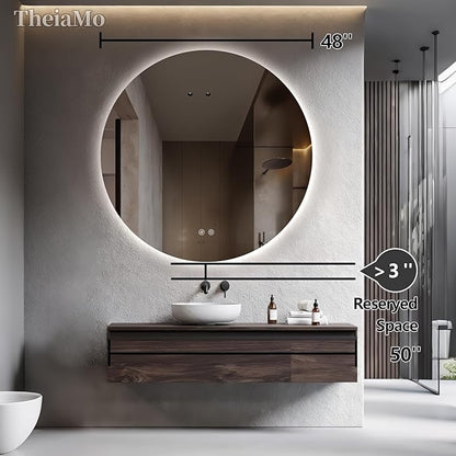 Round LED Mirror for Bathroom, 48" Circle Frameless Backlit Mirror with Lights, Wall Mounted Vanity Mirror, 3 Colors, Dimmable, Anti-Fog, IP65 Waterproof, Memory Function, UL Listed