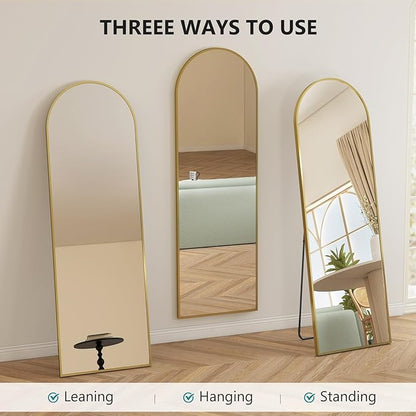 Arched Mirror Full Length, Upgraded 16"x59" Body Wall Mirrors with Shatter-Proof Glass, Floor Standing, Hanging or Leaning, Tall Arch Mirror with Stand Aluminum Alloy Frame for Bedroom, Gold