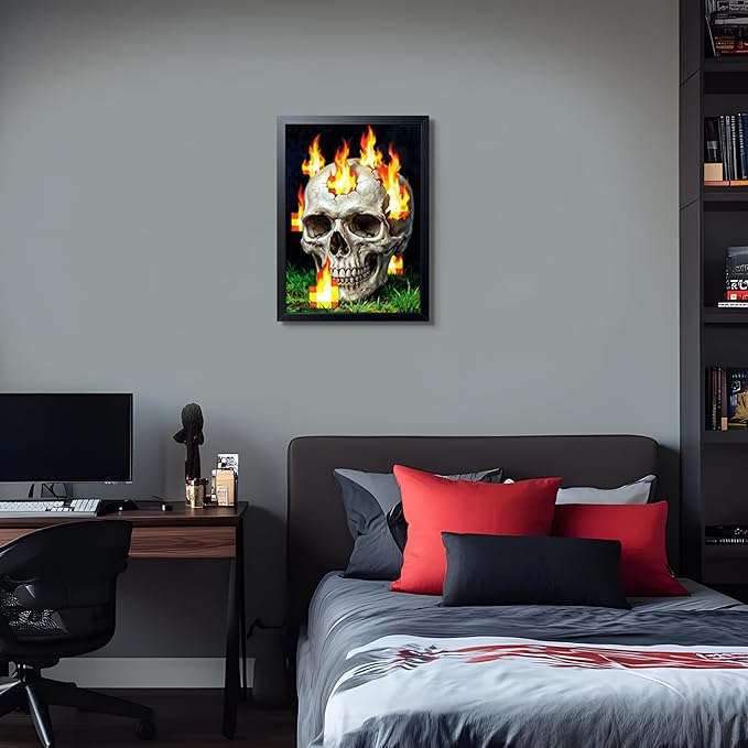 Burning Skull Wall Art, Gamer Style Wall Decor, With Pixel Fire Skull Canvas Print, Boys Room Decor, Dark Gothic Horror Painting Poster for Bedroom Game Room 8x10 Inch Wood Framed