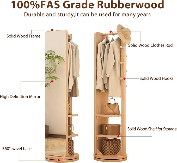 WoodsWhisper Full Length Mirror Coat Rack Solid Wood Floor Mirror 70"x16" Full Length Mirror with Stand Long Mirrors for Bedroom,Living Room (Natural, 70" L x 16" W)