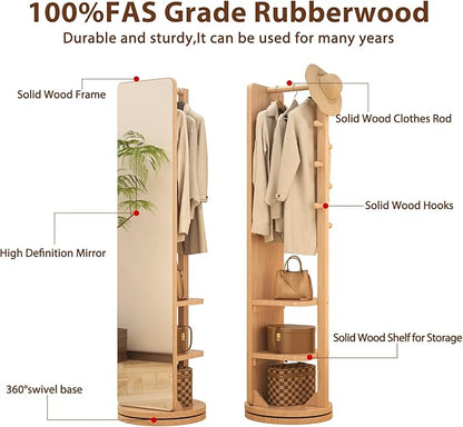 WoodsWhisper Full Length Mirror Coat Rack Solid Wood Floor Mirror 70"x16" Full Length Mirror with Stand Long Mirrors for Bedroom,Living Room (Natural, 70" L x 16" W)