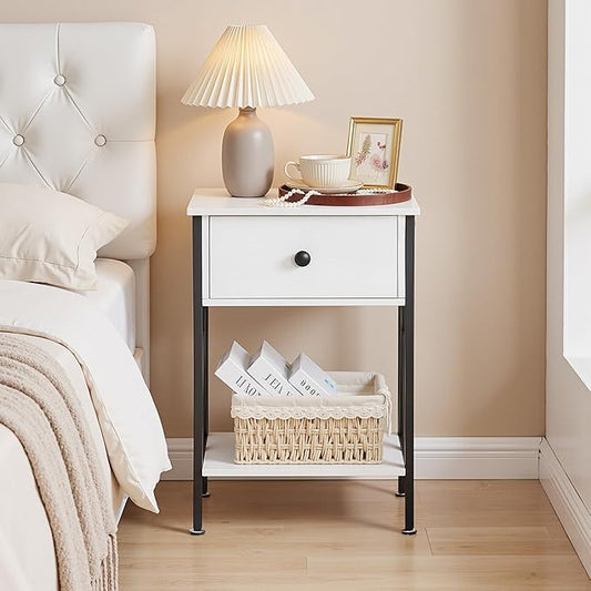 VECELO Nightstands, Modern Bedside End Tables Set of 2, Night Stand with Drawer and Storage Shelf for Living Room Bedroom, Industrial Metal Frame