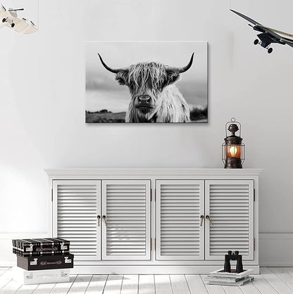 Highland Cow Wall Art Canvas Print Black and White Animal Canvas Picture Framed Art Wall Decor for Bedroom Bathroom (12x16 inch)