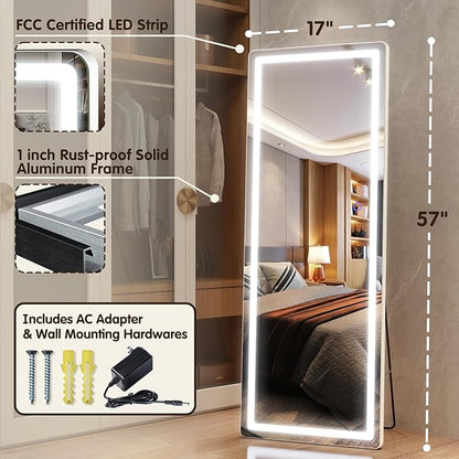 FENNIO Full Length Mirror with Lights, 57" x 17" LED Full Body Mirror, Free Standing Lighted Floor Mirror, Wall Mounted Hanging Mirror with Lights for Bedroom, Dimmable & 3 Color Lighting, White