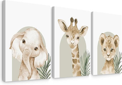 Nursery Animal Wall Art Decor Safari Jungle Nursery Pictures Baby Boy Room Canvas Wall Decor Woodland Animals Prints Safari Giraffe Artwork for Boys Kids Bedroom 16x24 Inch Wrapped Canvas Set of 3