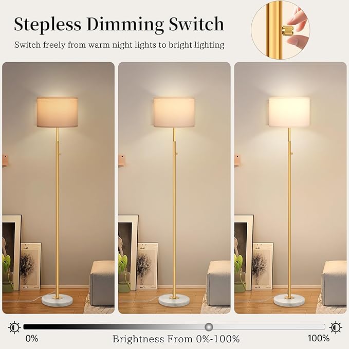 Gold Marble Floor Lamp, Dimmable 63.7" Tall Pole Standing Lamp with White Linen Shade, Modern Floor Lamp for Living Room Bedroom Office, Stepless Dimming, LED Bulb Included