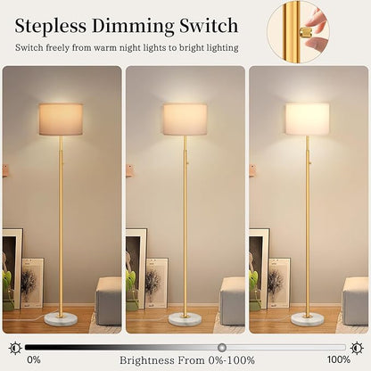 Gold Marble Floor Lamp, Dimmable 63.7" Tall Pole Standing Lamp with White Linen Shade, Modern Floor Lamp for Living Room Bedroom Office, Stepless Dimming, LED Bulb Included