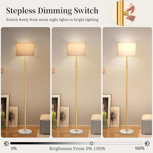 Gold Marble Floor Lamp, Dimmable 63.7" Tall Pole Standing Lamp with White Linen Shade, Modern Floor Lamp for Living Room Bedroom Office, Stepless Dimming, LED Bulb Included