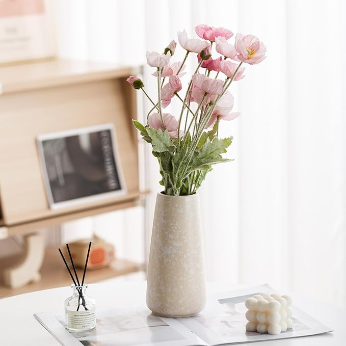 Beige Vase - 8" White Textured Pampas vase, Boho Rustic Vases for Home Decor, Farmhouse Decor, Minimalist Cream Modern Flower vases for Centerpieces, Living Room, Bedroom