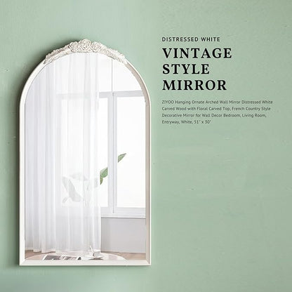 ZIYOO Vintage Arched Floor Or Wall Mirror Distressed White Carved Wood with Floral Carved Top, French Country Style Decorative Mirror for Wall Decor Bedroom, Living Room, Entryway, White, 51" x 30"