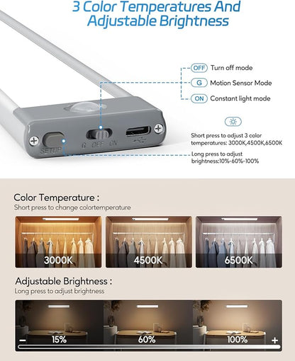 HIBOITEC Under Cabinet Lights - Motion Sensor, 3 Color Temperatures Wireless Rechargeable Night Lights, Dimmable for Kitchen, Wardrobe, Closets, Cupboard