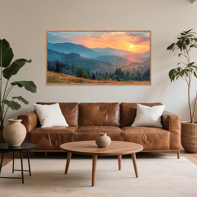 Aurlan Boho Mountain Sunset Landscape Framed Wall Art(40"x20"), Large Green Blue Ridge Grand Teton National Park Canvas Artwork, Abstract Modern Watercolor Nature Forest Scenery Decor for Home Office Bedroom