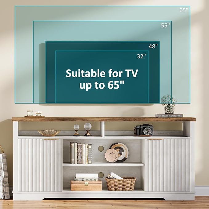 Modern TV Stand for TVs Up to 65 Inch, Fluted Entertainment Center with Storage Cabinet, TV Media Console Table with Adjustable Shelves for Living Room Bedroom, Brown + White