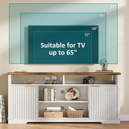 Modern TV Stand for TVs Up to 65 Inch, Fluted Entertainment Center with Storage Cabinet, TV Media Console Table with Adjustable Shelves for Living Room Bedroom, Brown + White