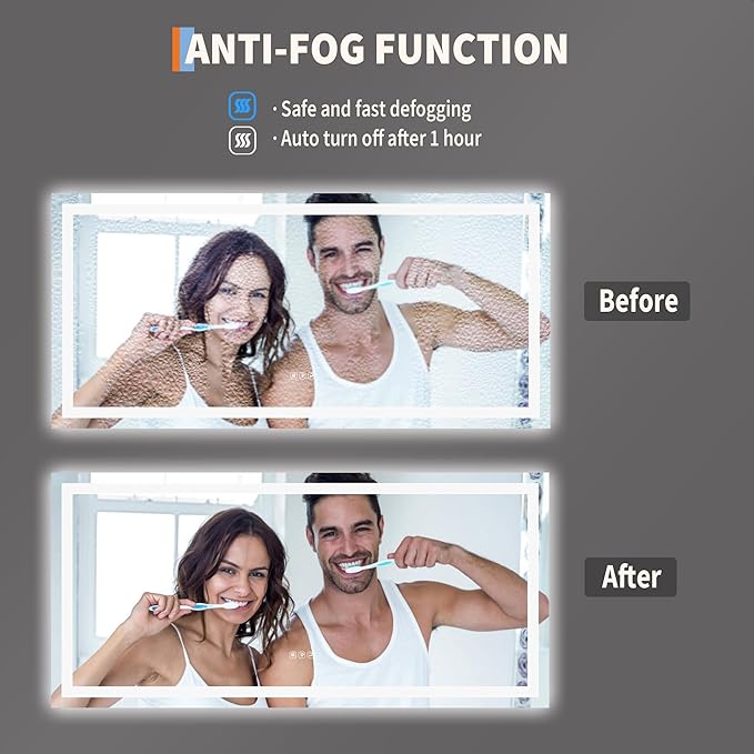 60x30 LED Bathroom Mirror with Lights, Frameless Wall Mounted Vanity Mirror with Front & Backlight, 3-Color Touch Switch, 1.8M Power Cord, Dimmable, for Bathroom
