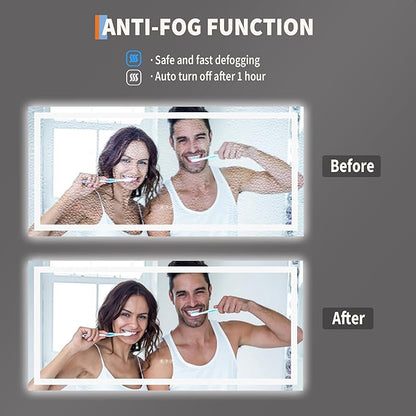 60x30 LED Bathroom Mirror with Lights, Frameless Wall Mounted Vanity Mirror with Front & Backlight, 3-Color Touch Switch, 1.8M Power Cord, Dimmable, for Bathroom