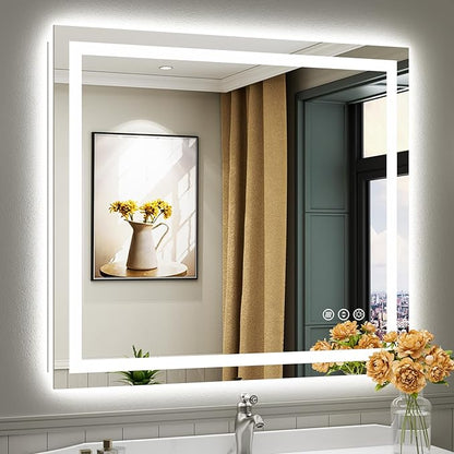 Briivue 40x36 Inch LED Bathroom Mirror with Lights, Backlit & Front Lit, Anti-Fog Lighted Bathroom Vanity Mirror for Wall, Memory Function, Dimmable, HD Tempered Glass, Shatter-Proof