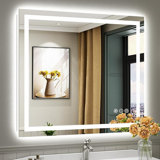 Briivue 40x36 Inch LED Bathroom Mirror with Lights, Backlit & Front Lit, Anti-Fog Lighted Bathroom Vanity Mirror for Wall, Memory Function, Dimmable, HD Tempered Glass, Shatter-Proof