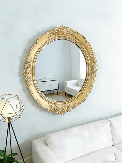 Round Resin Vintage Mirror, Wall-Mounted Decorative Mirror, Retro Hanging Mirror for Entryway, Corridor, Bedroom, Living Room Vanity (Vintage Gold 14.5X13 Inch)