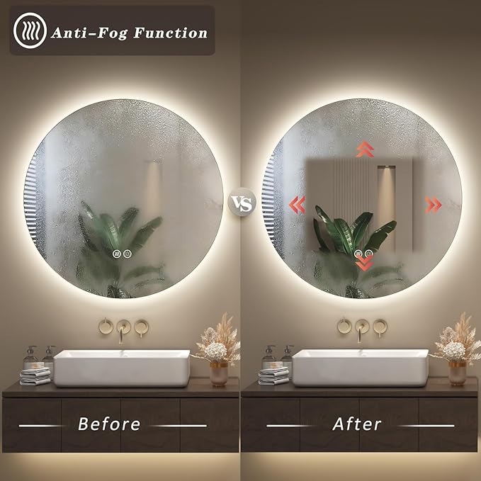 SMIROR Round Led Lighted Bathroom Mirror for Wall 36", Backlit Circle Vanity Mirror with Lights, Anti-Fog, 3 Colors, Dimmable, Memory, Shatterproof