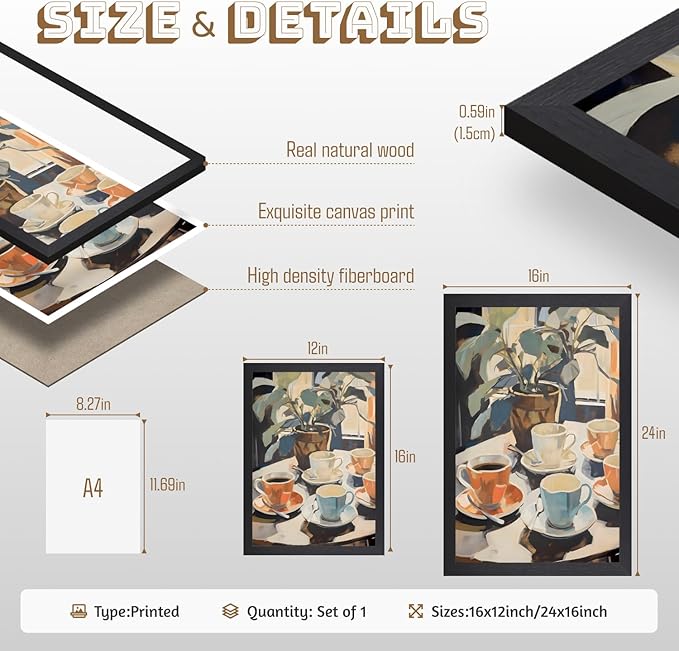 GELDSTEI Wood Framed Coffee Wall Art, Vintage Cafe Aesthetic Picture, Cafe Bar Canvas Painting, Retro Coffee Poster Print, Modern Rustic Wall Decor for Kitchen Dining Room Ready to Hang 12x16 Inch