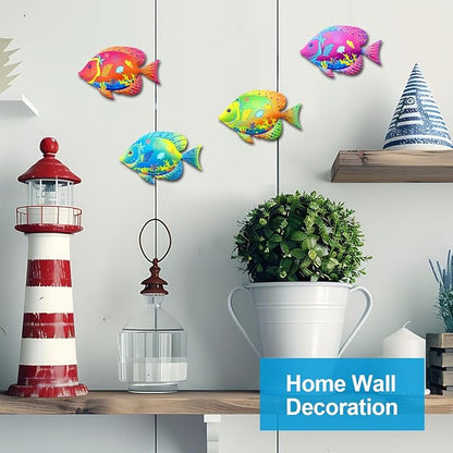Oraytteo Metal Fish Wall Decor, Set of 4 Fishes Wall Art Decorations for Barthroom Fence Pool Patio Beach Home Decor, Indoor or Outdoor Decorations